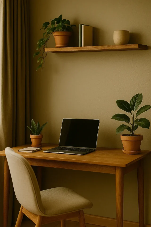 A cozy home consulting space featuring a wooden desk with a laptop, notebooks, and potted plants.