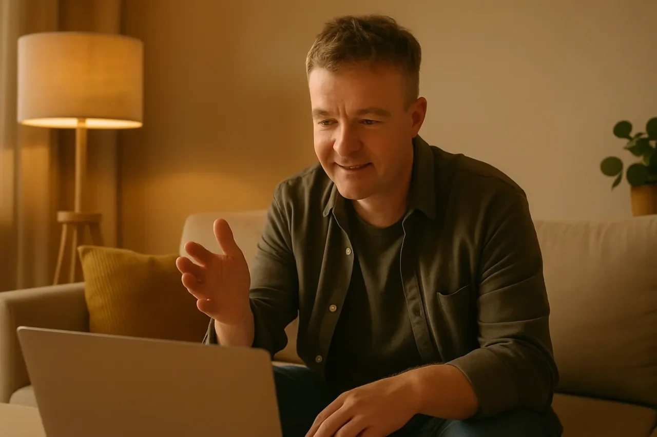 warm indoor setting, a laptop, a a therapist in front of a laptop during a call.